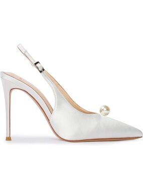 Lahoma Latso Satin Slingback Pointed-Toe Heel with Pearl Accent - White